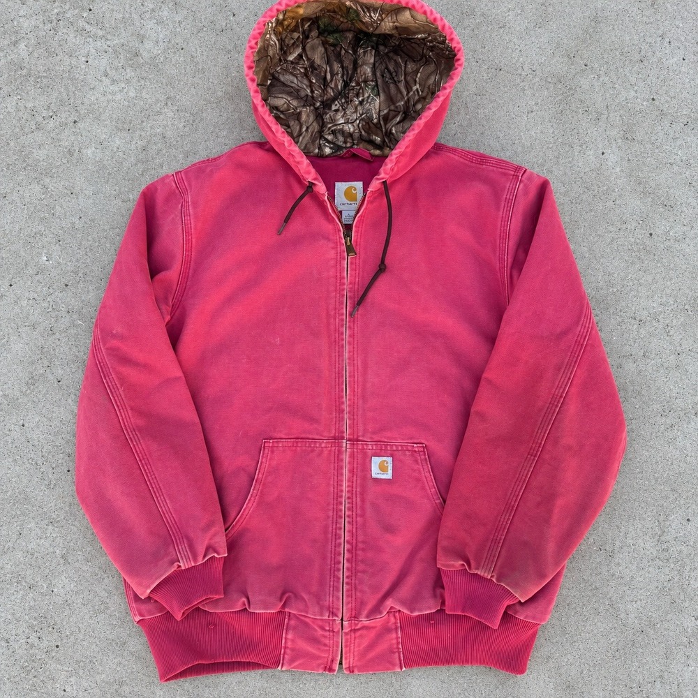 Carhartt Pink Canvas Active Jacket Camo Lined Hooded Work Coat Womens L 12-14